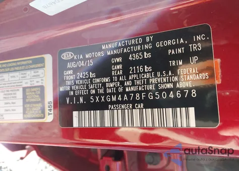 2015 Kia Optima Lx from USA, damaged, VIN 5XXGM4A78FG504678